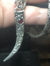 Load image into Gallery viewer, Scrollwork wolf tooth pendant with cast in place garnet setting on Thai Byzantine chain.
