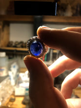 Load image into Gallery viewer, Blue sapphire cabochon hand set and cast in sterling silver .925
