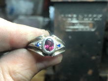 Load image into Gallery viewer, Three sapphires hand set and cast in .925
